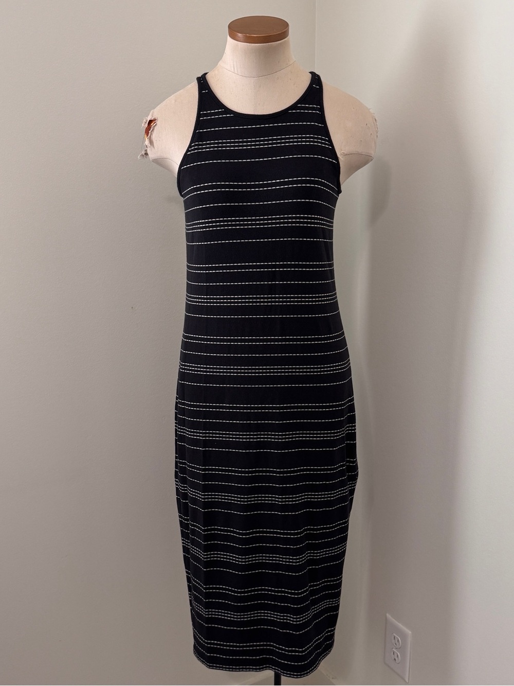 Athleta Medium Black Stripe Sleeveless Fitted Midi Dress ~ Modal Blend